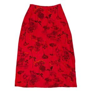 VINTAGE Laura Ashley red rose print midi skirt, 100% silk, size 8 or 26-27